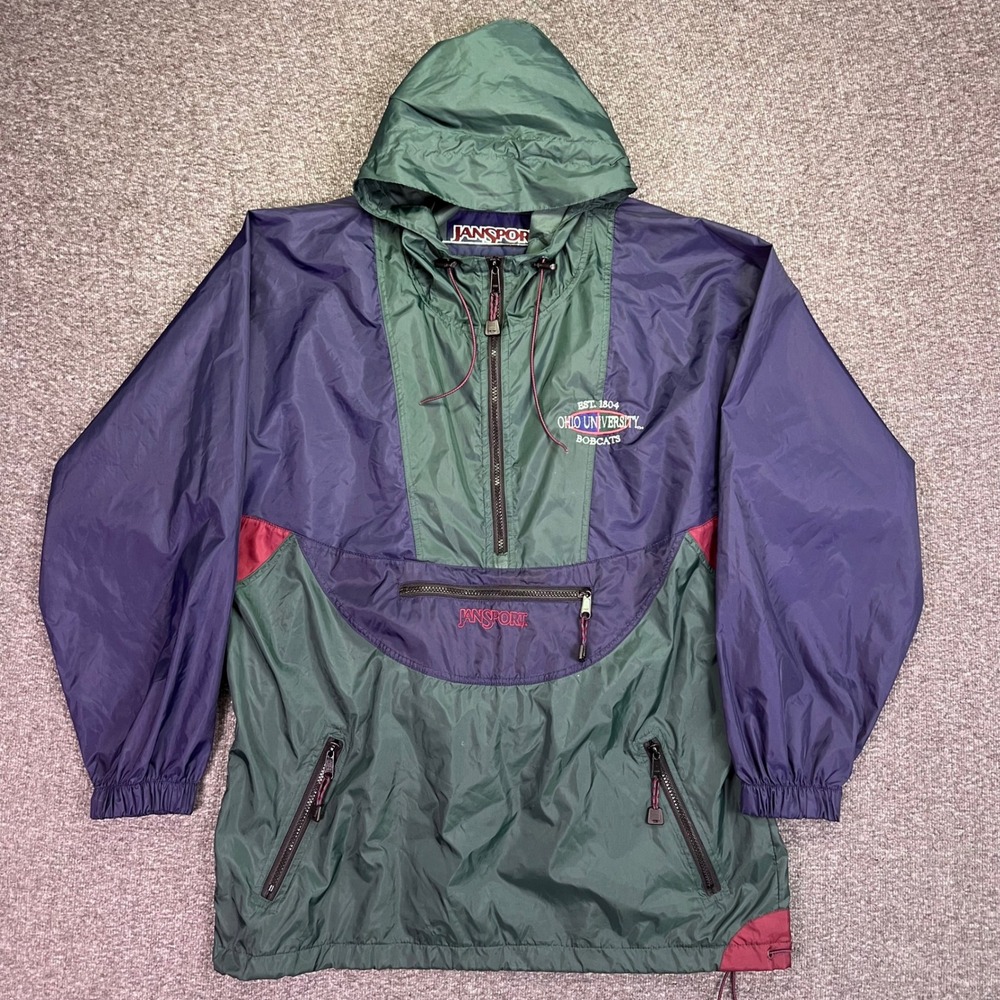 Jansport Anorak Windbreaker Mens M Green Athens Ohio University Vintage 90s Zip